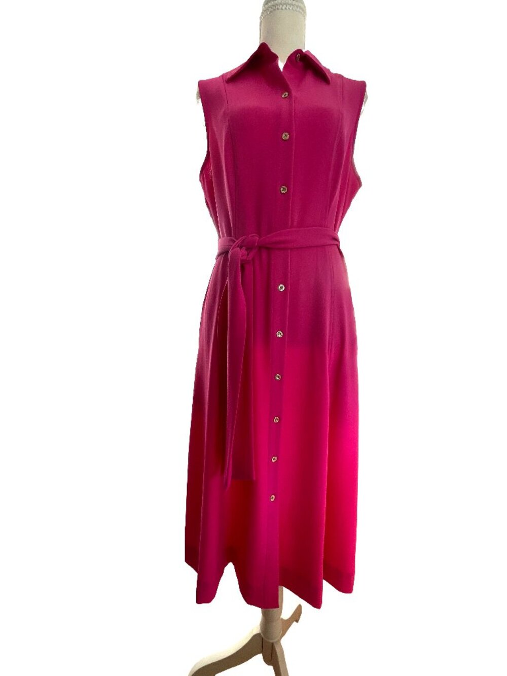 Anne Klein Fuchsia Pink Belted Button Front Midi Shirt Dress Women's 6